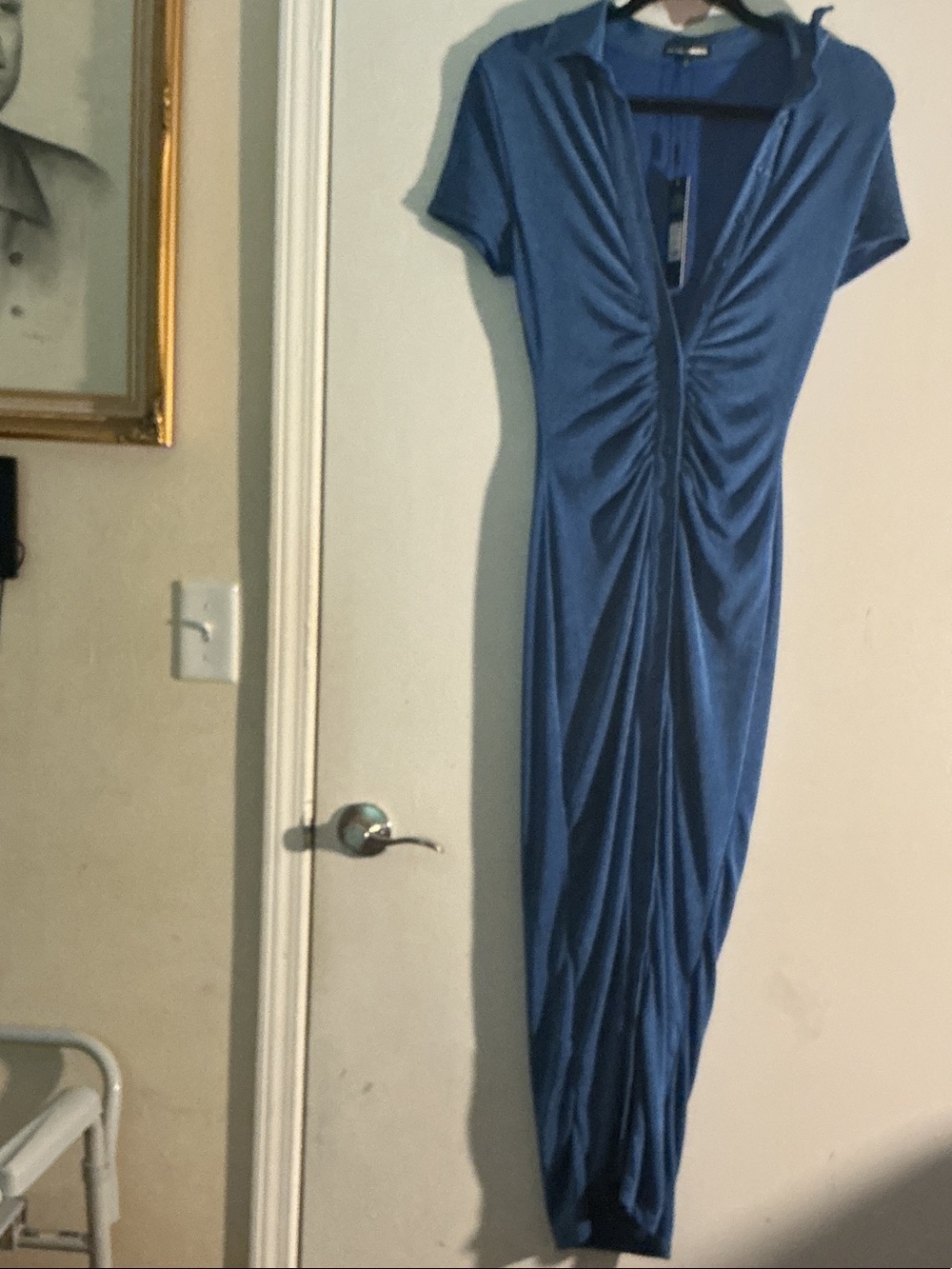Fashion Nova Blue Ruched V-Neck Maxi Dress